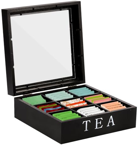 BAODBF 9-Raster Teeboxen für Teebeutel,Tee Aufbewahrung,Tee Organizer Schublade,Teebeutel Organizer für Tee,Kaffee23×23×9cm(Schwarz)