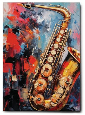 Giallobus - Gemälde - 97 - Jazz-Saxophon - Leinwand mit Standardrahmen - 100L x 140l cm - Bereit zum Aufhängen - Moderne Gemälde