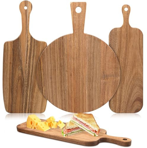 3 Set of Acacia Wood Chopping Boards with Handle, Wooden Serving Board Paddle, Wooden Square & Round Cutting Board for Kitchen Charcuterie Cheese Meat Fruit Pizza Bread Baking
