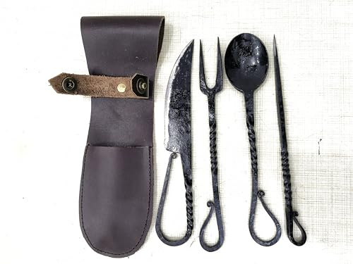 Generic Handgeschmiedetes mittelalterliches Essutensilien-Set, gedrehtes Design, handgefertigt, voll funktionsfähig, Gabel, Messer, Löffel und Essenstäbchen, mittelalterliches Besteck-Set, mit