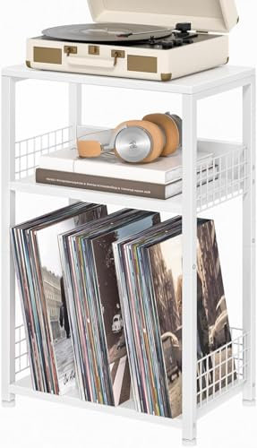 Record Player Stand with 3-stage Turntable Stand That can Store up to 100 Albums,Vintage vinyl table Side Table with Protective Iron Net.vinyl storage unit for Living Room and Office(White)