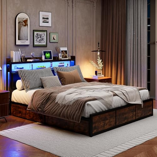 Polsterbett 140 x 200 cm, Doppelbett mit LED-Beleuchtung und Metall Lattenrost, 4 Schubladen mit Laufrollen, Kopfteil mit Staufach, Gepolstertes Bett Einzelbett Jugendbett, PU-Leder, Braun