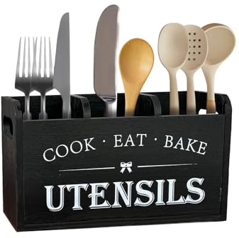 MHYMX Kitchen Utensils Holder, Cutlery Holder Kitchen Wooden Utensil Holder Black Utensil Pot with 3 Compartments and Drainage Bottom Large Cutlery Storage Caddy for Table