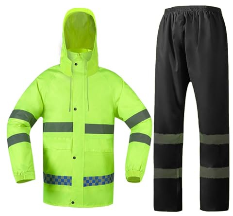 Unisex Hi Vis Rainsuit 2 Piece High Visibility Rain Jacket Rain Trousers Waterproof Workwear Mens Womens Rainwear Waterproof Jacket & Pants Suit Outdoor Hooded Raincoat Set for Hiking Traveling