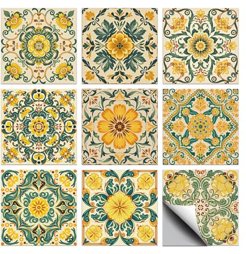 CHGCRAFT 36 Stück 9 Stile Gelbes Vintage Blumen Muster Fliesenaufkleber Wandfliesenaufkleber Wasserfest Selbstklebende Aufkleber für Küchen und Badezimmerwanddekoration 4×4 Zoll