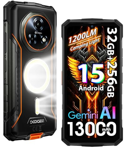 DOOGEE Fire 5 UItra 4G Rugged Smartphone,1200LM Luce Campeggio, 32GB+256GB/2TB,13000mAh 18W Android 15 Telefono Indistruttibile,6.6''HD+90Hz,48MP AI Fotocamera, IP68/NFC/OTG/3 Slot (Arancione)