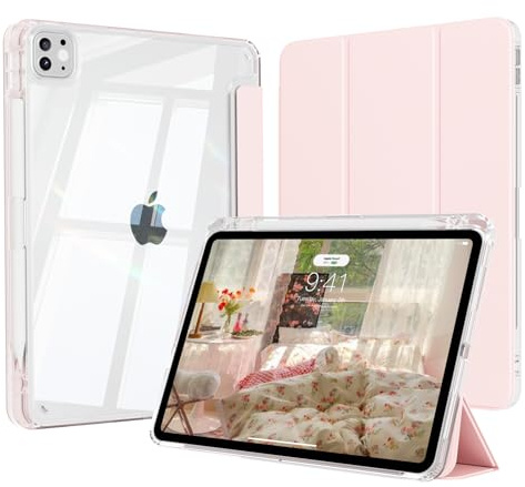 ZOPSGYU Case for iPad Pro 11 Inch 4th/3rd/2nd Generation (2022/2021/2020) with Pencil Holder, Slim Trifold Cover, Anti-Drop Frame & Clear Back, Support 2nd Gen Pencil Charging, Auto Sleep/Wake, Pink