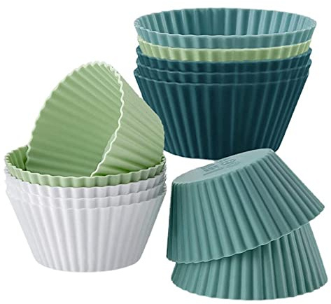 12pcs Silicone Muffin Cases,Round Silicone Baking Cups,Reusable Cake Moulds,Nonstick Cupcake Cases for Pudding Tray,Cupcake Tin,Bun Pan,4 Color Muffin Liners Pastry Molds