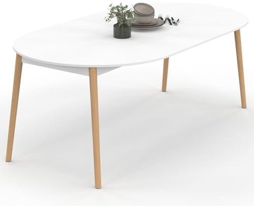 IDMarket - Esstisch, ausziehbar, rund, Angela, 4-10 Personen, weiß, Holzfuß, 110 – 200 cm