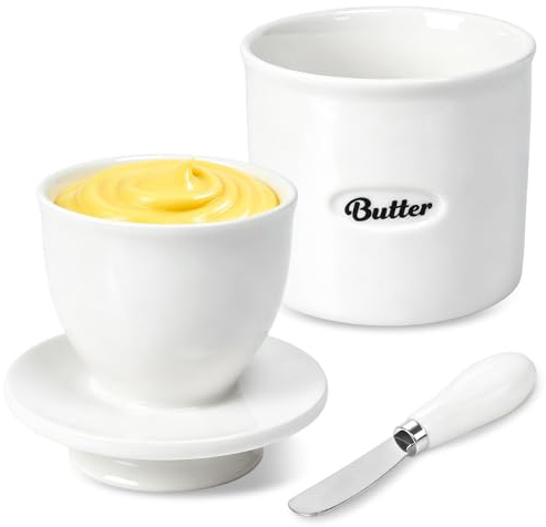 French Butter Dish with Lid Ceramic Butter Crock with Spreader | Round Butter Dish Keeper with Water Line for Fresh Spreadable Butter, white