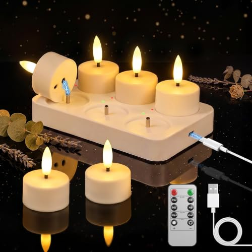 Ketom LED Teelichter mit Timer, Elektrische Teelichter Aufladbar, 6 Stück | Flammenlose LED Teelichter mit Fernbedienung und Ladestation, Dimmbar, Timer, Warmweiß, für Party Home Halloween Decoration