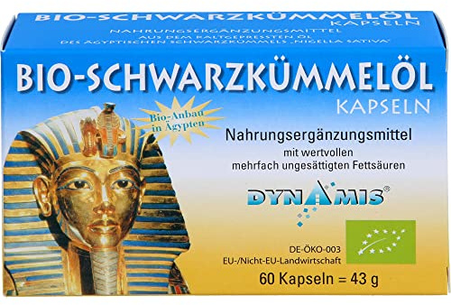 DYNAMIS Bio Schwarzkümmelöl Kapseln + Tocopherole, 60 Stück – kaltgepresst | Tocopherole pflanzlichen Ursprungs bewahren die Qualität des Schwarzkümmelöls und schützen es vor Oxidation · DE-ÖKO-007