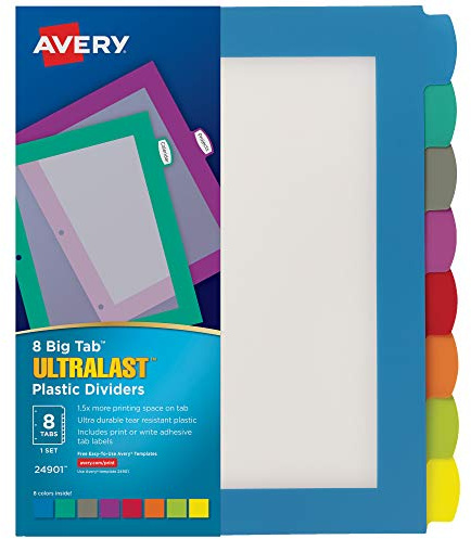 Avery Ultralast Big Tab Plastic Dividers for 3 Ring Binders, 8-Tab Set, Multicolor with White Labels, 1 Set (24901)