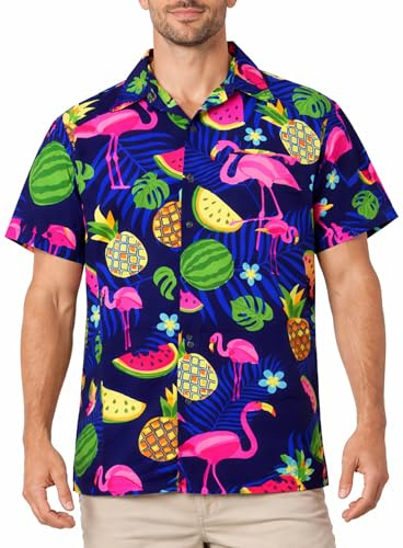 King Kameha Hawaii Hemd Männer - Funky Hawaiihemd Herren Kurzarm mit Flamingo-Melonen Print - Ideal für Urlaub & Strand
