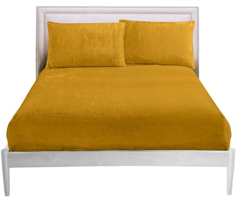 Easy Care Plain King Size Bed Sheets, 100 Percent Polyester Teddy Fitted Sheet, Thermal Warm Fleece Bottom Sheet, Ochre