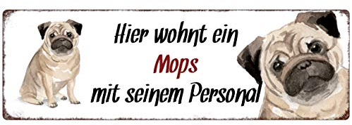 Interluxe Metallschild - Hier wohnt EIN Mops - dekoratives Schild, Türschild, Blechschild als Geschenk für Menschen mit Hund