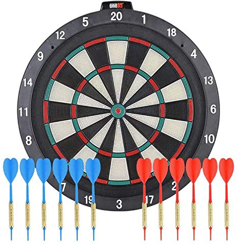 ONE80 Soft Tip Dartscheibe, 18 Sicherheitsplastikplatte mit 12 Weichspitzenpfeilen und zusätzlichen 20 Weichspitzen, Montagesätze enthalten.