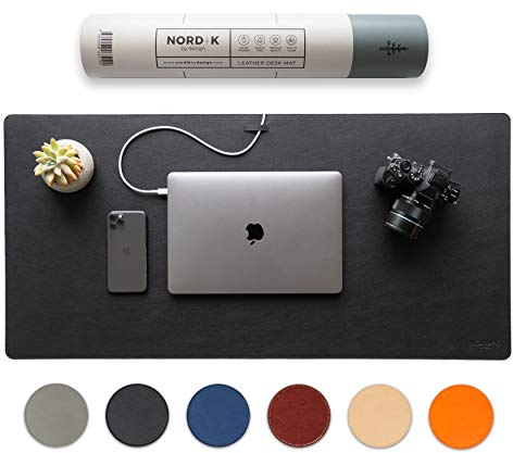 Nordik Leather Desk Mat Cable Organiser (Pebble Black 89 X 43 cm) Premium Extended Mouse Mat for Home Office Accessories - Felt Vegan Large Leather Desk Pad Protector & Desk Blotter Pads Mats