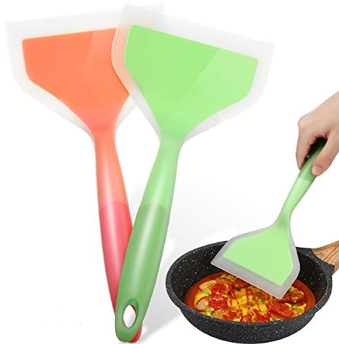 Shappy 2 Pcs Wide Spatula Tamagoyaki Omelette Silicone Shovel Turner Nonstick Fried Fish Spatula Wide Flexible Turner for Nonstick Cookware Egg Cookie Pancake(Green, Orange)
