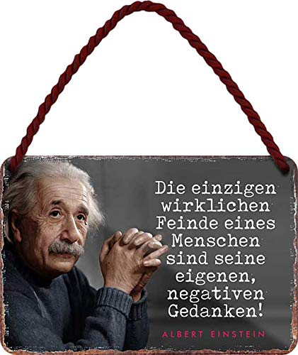 Blechschilder Albert Einstein Spruch “Die einzigen wirklichen Feinde negativen Gedanken” Deko Hängeschild Metallschild Schild Geschenk zum Geburtstag oder Weihnachten 18x12 cm