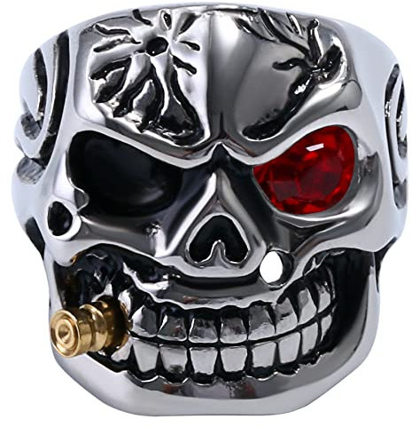 OIDEA Herren Schädel Totenkopf Ring: Biker Skull Herrenring aus Edelstahl mit Rot Strass Skull Augen Gotik Punk Rock Siegelring Geschenk für Männer Junge Größe 70