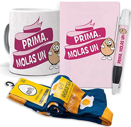 Super Regalo Personalizado para primas. Prima molas un Huevo. Taza, libreta, boli y Trio de Calcetines