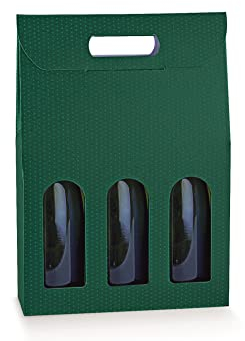5 cajas para 3 botellas de vino verticales modelo bordolés, borgognota, robustas estrenas navideñas cartón acoplado y asa exterior 27 x 9 x 38,5 cm (altura) cm SPOT verde