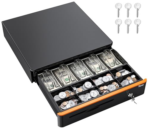 Tera 16 inch Auto Open Cash Drawer with Heavy Duty Insert Tray 5 Bill 8 Coin for POS System Removable Cash Tray Media Slot 24V RJ12 Key-Lock (Round Corner) for Small Business Retail 405R