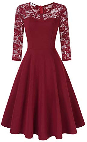 KOJOOIN Women's Floral Lace Dress Round Neck Cocktail Party Dress Vintage Swing Dress Wine Red-01 Long Sleeve S