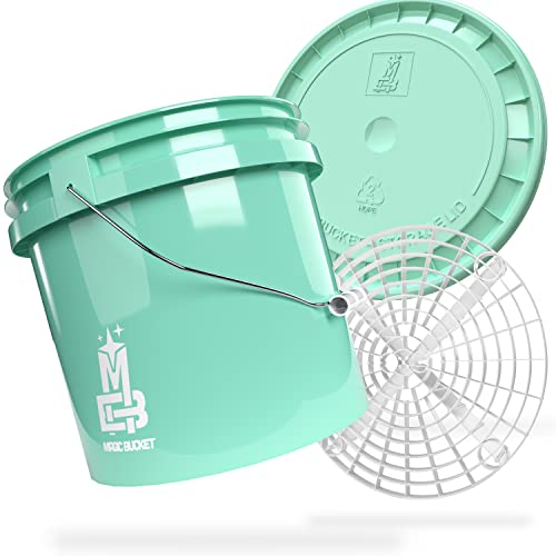 MAGIC BUCKET | Auto Handwäsche Bundle | Wascheimer mit passendem Eimer Deckel 3,5 US GALLONEN ca. 13 Liter | Mit Grit Guard Eimereinsatz Schmutzsieb | Waschset Mint/Weiß