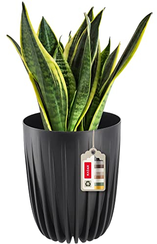 KADAX Pot de fleurs en plastique avec matériaux naturels, pots de plantes modernes avec motif géométrique, pot de fleurs rond avec insert, pot de fleurs naturel, cache-pot haut (diamètre 14,5 cm,