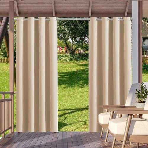 Outdoor Vorhang Wasserdicht Wetterfest Blickdicht 380X260cm Creme farben Verdunklungs Vorhänge mit Ösen Sichtschutz Sonnenschutz Outdoor Gardine für Balkon Terrasse Pergola Gartenlaube Veranda