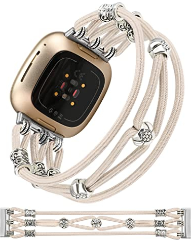 Wearlizer Perlen Armbänder Kompatibel mit Fitbit Sense/Versa 3, Versa 4/Sense 2 Armband Damen, Geflochtenes Nylon Stoff Elastische Boho Stretchy Solo Loop Stylish Ersatzarmband für Versa 3