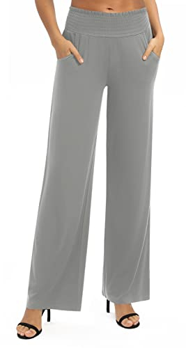 EXCHIC Damen Leichtgewicht Elastisch Hohe Taille Hose Casual Weite Bein Dehnbar Lounge Hosen mit Taschen (XL, Hellgrau)