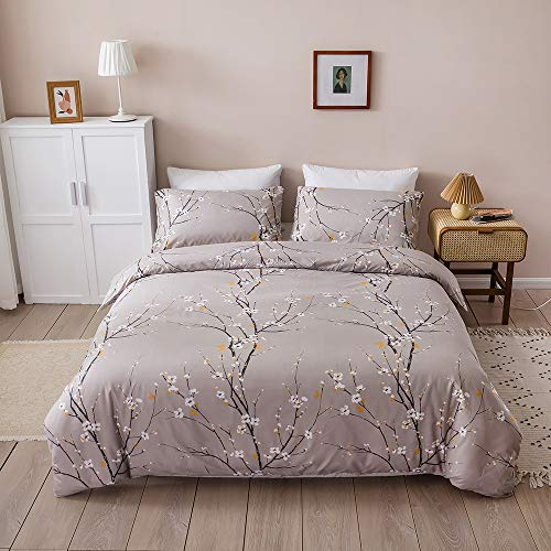 OLDBIAO Bettwäsche 2er Set Mikrofaser Bettbezug 135x200 cm und Kissenbezug 80x80 cm, Ästhetisch Blume Zweig Design, Grau Bettdeckenbezug Bettdecke Cover für Einzelbett