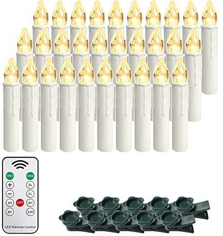 Froadp 30 Stück Mini Weihnachtsbaumkerzen Kabellose mit Timer, Fernbedienung & Clips Warmweiß LED Kerzen Satz Christbaumkerzen Dimmbar Baumkerzen Dekoration für Weihnachten (ohne AA Batterie)