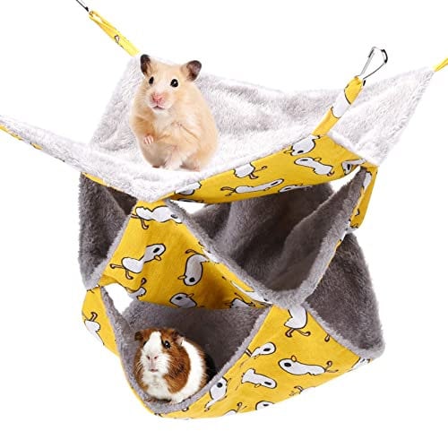 olyee Rat Hammocks for Cage,Triple Hanging Ferret Hammock Beds for Small Animals Guinea Pig Cage Accessories Bedding,Warm Hammock for Parrot Squirrel Hamster Rats Playing Sleeping(Yellow)