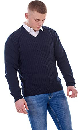 Mens Jumper Cable Knit V-Neck Chunky Pullover Warm Casual Long Sleeve Sweater Navy
