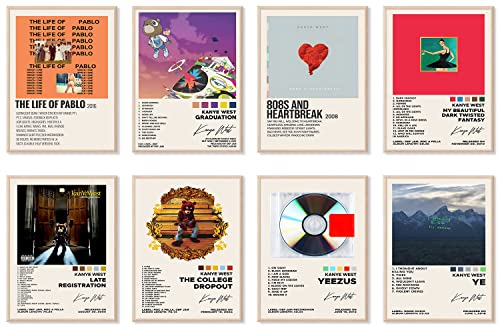 ASTRDECOR Kanye Album Cover Limited Edition Poster Set mit 8 Rapper-Musik-Postern, Kanye-Albumcover-Poster für Zimmer, ästhetische Leinwand, Wandkunstdrucke für Teenager, Jungen, Mädchen,