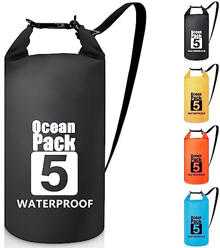 Invool Sac étanche 5 L/10 L/20 L/30 L avec bandoulière réglable pour randonnée, natation, rafting, surf, cyclisme, camping, pêche, Noir , 5 l, Organiseur de sac
