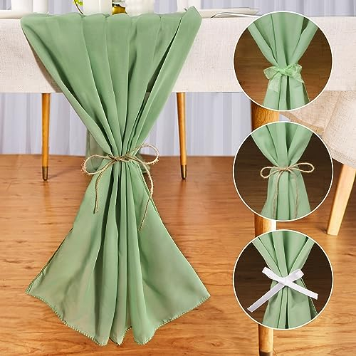 70 x 300cm Chiffon Tischläufer Grün Tischdeko Salbeigrün Tischband Tüll Deko für Babyparty Neutral Taufe Kommunion Hochzeit Gender Reveal Konfirmation 1. Geburtstag Urlaub mit Bänder Juteschnur