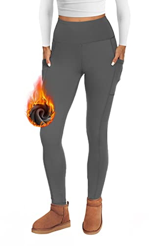FOTOCITI Thermo Leggings Damen Winter Mit Tasche Thermoleggins Gefütterte Fleece Warme Thermounterwäsche High Waist Lange Sportleggins Yogahose Hose(Dunkelgrau,S-M)