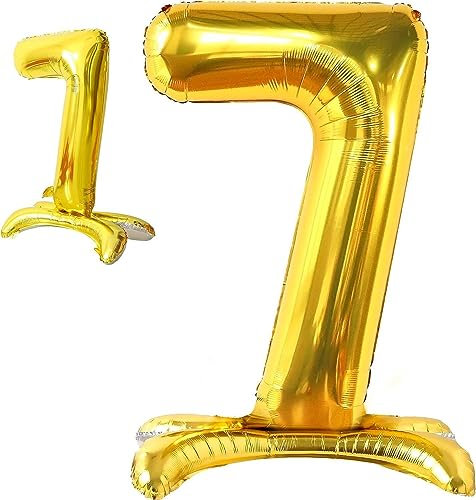 Stehende Luftballons * Zahlen 0 bis 9 * in Gold + Silber + Rosegold | 86cm groß; kein Helium nötig | Stehballons Geburtstag Deko Zahl Party Kindergeburtstag Partydeko, Farbe: Zahl 7 Gold