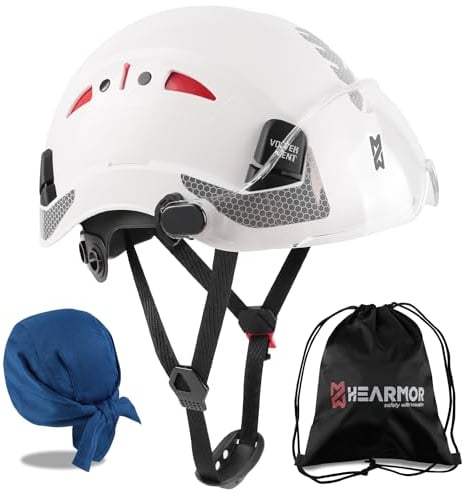 HEARMOR Casco de seguridad con visera, EN 397 - Casco de trabajo ventilado para adultos, sistema de trinquete ajustable, visera transparente, color blanco