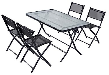 CONCEPT USINE | Salon de Jardin Pliable Mahon Noir 4 Personnes | Mobilier Repas d'Extérieur | Léger, Pratique & Robuste | en Acier + Epoxy | Table avec Plateau en Verre Trempé + 4 Chaises