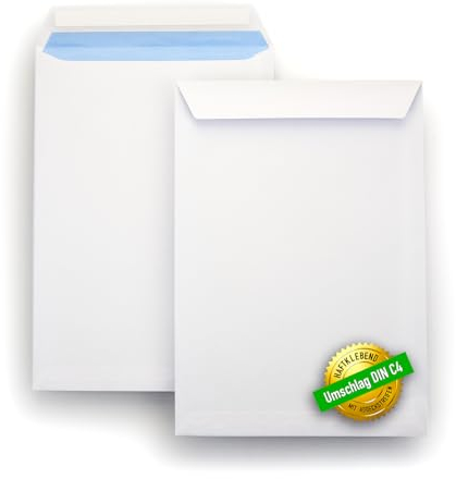 Ecocleo® Briefumschläge DIN C4, Große Versandtaschen ohne Fenster Weiß, 229 × 324 mm, | 50 Stück, Haftklebend mit Schutzfolie | Umschlag Groß, Briefkuvert Fensterlos, Envelope für A4