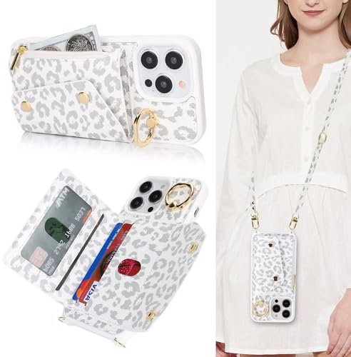 Lipvina Hülle für iPhone 15 Pro Hülle mit Band Kartenhalter handyhülle Hülle für iPhone 15 Pro mit Reißverschluss Band Ring Ständer Case für Frauen - Weiße Leoparden