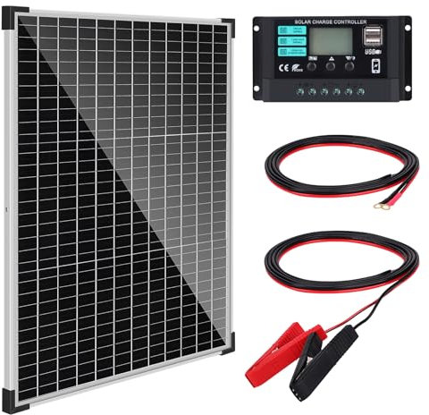 Kit de panneau solaire 50 W avec contrôleur de charge 10 A, kit de panneau solaire monocristallin pour chargement de batterie 12-24 V, toit de voiture, camping-car, batterie de ferme et autres