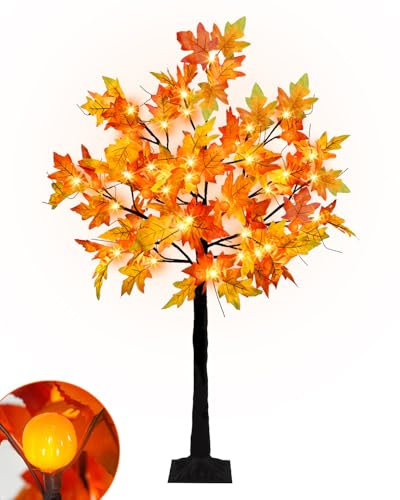 Ruidazon Érable artificiel lumineux de 1,2 m avec 48 lumières LED, 12 citrouilles, érable artificiel pour intérieur et extérieur, Thanksgiving, décoration d'automne