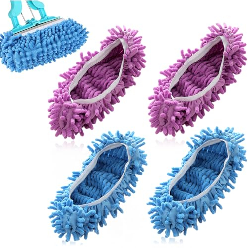 MWUMRCM 4 Stück Mop Schuhe, Wischmopp-Hausschuhe für Bodenreinigung Waschbar Wiederverwendbar Wischmopp Hausschuhe Mikrofaser Staub Putzschuhe Reinigungs Mop Schuhe Bodenwischer Hausschuhe